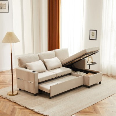 Premium L-Shaped Convertible Sofa Bed with Storage – Beige