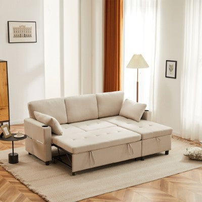 Premium L-Shaped Convertible Sofa Bed with Storage – Beige